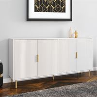 Aparador MARCEL 160 cm, 4 puertas blancas con efecto listones y acabado dorado