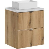 Ensemble VANO aspect chêne et blanc 50cm : meubles sous vasque à tiroirs + plan pour vasque + vasques à poser rectangulaire