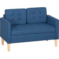 Canapé deux places avec rangement, capitonnage à boutons, coussins, bois d'hévéa, 117 x 62 x 78 cm, bleu