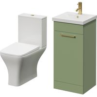 Napoli 390 Olive Green 400mm Single Door Vanity Unit and Kingston Toilet Suite with Glide Basin - 400mm - Brushed Brass 160mm Handle