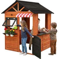 Joyz Kinderspielhaus aus Tannenholz massiv, Spielhaus mit Spiel- und Matschküche, Kinderhaus Outdoor mit Tür, 4 Fenstern & 2 Blumentöpfe, Gartenhaus wetterfest, Gartenspielhaus für Kinder ab 3 Jahren