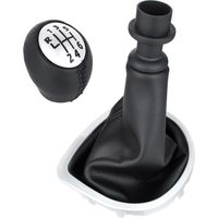 Pommeau de levier de vitesses Renault Clio III 05-12 en cuir écologique noir + argent + soufflet noir avec cadre argenté, 6 vitesses