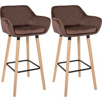 Lot de 2 tabourets de bar design scandinave en velours marron cadre en bois repose-pieds en métal 100006589
