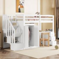 Letto a Soppalco 90×200 cm, Letto Singolo con Scrivania, Armadio, 3 Cassetti, Scala Contenitore e Vano a Giorno, senza Materasso, Bianco