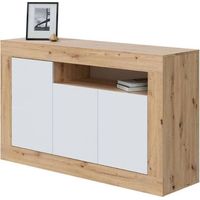 Buffet moderne 3 portes – Meuble TV chêne effet nœud et blanc – Dimensions 144x42x87 cm – Panneaux mélaminés résistants – FRS