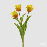 EDG Enzo De Gasperi Bouquet 3 Tulipani Parrot con Foglie Artificiali H 51 Cm Yellow Green