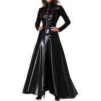 Robe longue de printemps pour femme, col haut, en cuir PU, noir, manches longues, boutons, coupe ajustée, élégante robe trapèze