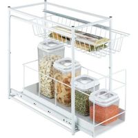 QORVA-Rangement placard cuisine coulissant Wanja , 2 tiroirs de rangement de cuisine coulissant, idéal pour l'aménagement des placards de cuisine, Métal, L23xH45xP45cm, Blanc
