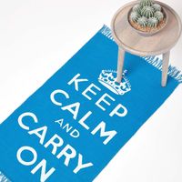 HOMESCAPES Keep Calm And Carry On Handwoven 100% Cotton Rug in Blue & White, 60 x 100 cm