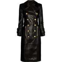 Femmes Hiver Luxe Design Double Boutonnage Noir PU Cuir Long Manteaux Street Trench Vestes avec Ceinture