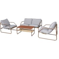 Habitat Et Jardin – Salon de jardin en métal 4 places avec coussins – Structure solide terracotta – Dimensions canapé 128 x 82 x 62 cm – Table basse 90 x 50 x 41 cm