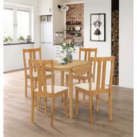 Hallowood Furniture Ledbury Round Dining Table and Chairs Set 4, Light Oak Drop Leaf Table and Chairs with Cream Fabric Padded Seats, Space-Saving Wooden Dining Room Set for Home or Cafe