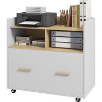 Armario archivador con ruedas, cajón, barras colgantes A4, 2 compartimentos, roble y blanco 76x40x75,5 cm