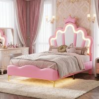 Prinzessinnenbett 90x190 cm mit Lattenrost - Wolken- & Kronen-Design - LED am Kopfteil und unter dem Bett - Kunstleder Rosa - höhenverstellbar
