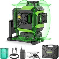 Huepar – Niveau laser 4D vert auto-nivelant 16 lignes – 2 plans horizontaux et verticaux – Batterie Li-ion 6600mAh – Support magnétique intégré – Étui de transport rigide