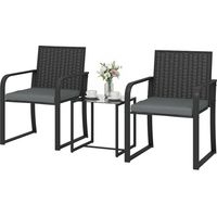 Set Ratán synthétique jardin 2 fauteuils coussins + table verre gris