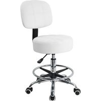 Tabouret de bureau à roulettes avec dossier réglable – Cuir PU blanc – Hauteur 51-66 cm – Capacité 135 kg – 5 roues à roulement doux – Kktoner