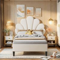 Lit rembourré 90x200cm,Cadre de lit simple avec tête de lit en forme de fleur et sommier à lattes,Lit enfant pour Adolescente,Beige Velours
