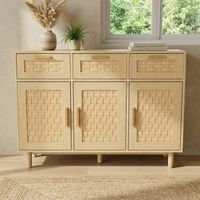 Buffet bahut 108cm, meuble de rangement cuisine salon, 3 portes 3 tiroirs effet cannage tressé, pieds bois massif, Naturel