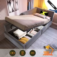 Lit coffre, velours, canapé lit simple, hydraulique, avec liseuse, USB, sans matelas, lit enfant, gris, 90x200cm