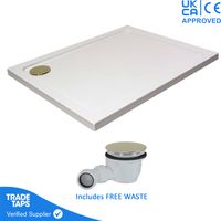 1100 x 760mm White Rectangular 45mm Low Profile Shower Tray with Brushed Brass Waste