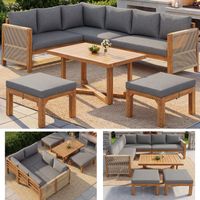 Ensemble de mobilier de jardin modulable en bois d'acacia — canapé d'angle 6 places avec coussins, 2 tabourets et table basse en acacia, résistant aux intempéries et aux éclaboussures, idéal pour terr