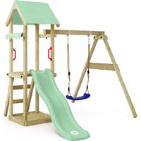 Wickey Spielturm Klettergerüst TinyWave mit Schaukel & Rutsche, Kletterturm mit Sandkasten, Leiter & Spiel-Zubehör - Pastellgrün
