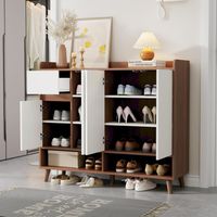 Buffet 4 portes et 1 tiroir, avec étagère réglable, en panneaux de particules, blanc et naturel, 120x35x99 cm