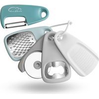 Set aus 5 Küchenutensilien: Käsereibe, Flaschenöffner, Obst- und Gemüseschäler, Pizzaschneider, Kaffeemühle, Campingzubehör. - Crezuo