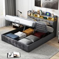 Lit Coffre 140x190 avec LED et USB,Lit Double Rembourré avec Rangement et Tete de lit,lit 2 Personnes Cadre de Lits avec Sommier à Lattes,Lin,Gris(sans Matelas)