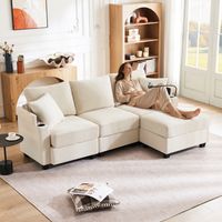 Canapé d'angle en forme de L, convertible 3 places avec pouf, porte-gobelets, chargeur USB, rangement dans les accoudoirs et 2 coussins — Idéal pour salon, bureau ou appartement — Beige