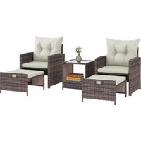 Ensemble rotin et acier 5 pièces 2 poufs 2 sièges table basse 2 niveaux marron crème 120x70x40 cm