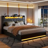 Lit coffre 140x200 cm avec éclairage LED et charge USB, lit double capitonné avec rangement et tete de lit, sommier à lattes, PU, noir