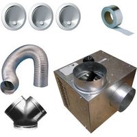 Unelvent – Kit de récupération d'air chaud foyer fermé – 1 CHEMINAIR 400 (400 m3/h) – 3 bouches réglables D 125 mm – 1 culotte 125/45° – 1 té 125/90° – 1 gaine alu 3 m D 125 mm – 1 bande alu 10 m – 12 colliers D 125 mm – SKU 630003