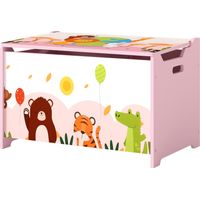 Baule Portagiochi Bambini Legno Cerniere Sicurezza Design Animali 60x37x39 cm Rose