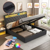 5ft King size Ottoman Bed Double with LED, Linen Upholstered Bed with Button Tufted Storage Headboard with Charging Station, No Box Spring Needed, Grey (No Mattress)