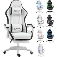 Fauteuil gaming blanc en similicuir, inclinable 135° avec repose-pieds, 121-129 cm, confortable