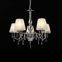 Lampada a Sospensione a 5 Bracci con Paralumi Conici e Cristalli Artificiali - Cromo / Bianco lux.pro