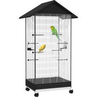 Jaula para Pájaros con Ruedas Pajarera Metálica con Bandeja Extraíble Puertas 79x65x155 cm Negro