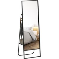 Miroir sur pied, design industriel, étagère arrière, 2 crochets, cadre en métal, pour chambre, 157 x 50 cm, noir