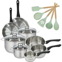 Set 2 poêles 20 24 cm 3 casseroles 12 16 20 cm, 3 faitouts 16, 20 et 24 cm en inox Fackelmann Geneva et 5 ustensiles Océan