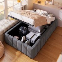 Cama tapizada 90/200 cm gris de lino con almacenaje hidráulico