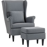 Poltrona per Salotto in Tessuto con Pouf Poggiapiedi, Schienale Alto e Cuscino, 75x83x104 cm, Grigio