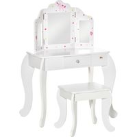 Toeletta per Bambini con Sgabello, Tavolo Trucco con Triplo Specchio e Cassetto, 63x40x85.5cm, Bianco