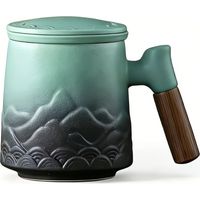 Mug en céramique avec filtre et couvercle, grande tasse à infusion avec anse en bois, coffret cadeau (cyan)