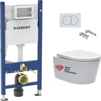 Geberit Pack WC Vorwandelement 112cm + Swiss Aqua Technologies Toilettenschüssel spülrandlos + Weiße Platte (SATrimlessGeb3-DE)