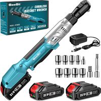 Seesii Clé à cliquet sans fil 3/8", clé à cliquet 90 N.m 200 tr/min, deux cliquet sans fil 21 V à vitesse variable, 7 clés à douille, adaptateur 1/4" et 1/2", tige d'extension 3"