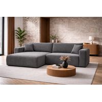 Canapé d’angle réversible GIORGIA L convertible – Velours côtelé gris, fonction couchage, grand coffre de rangement, angle universel gauche/droite