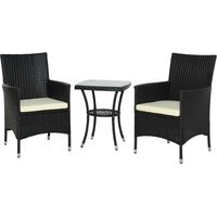 3 Pieces Rattan Bistro Set, Wicker Garden Furniture Set with 2-Tier Coffee Table and Chairs, Cushions, for Outdoor Patio Balcony, Black