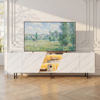 Meuble TV 220 cm, avec Éclairage LED, Portes Inclinées & Espace Ouvert, finition imitation marbre, style moderne et épuré
